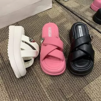 Slides on Beach Summer 2024 Soft Thick Pink Shoes Cloud Women s Slippers and Ladies Sandals Platform Heeled Chic Elegant Unique 35