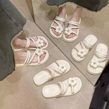 Шлепанцы с открытым носком, лето 2024, симпатичная обувь, толстые женские тапочки и сандалии Kawaii, белая круглая платформа, обычная по акции 36