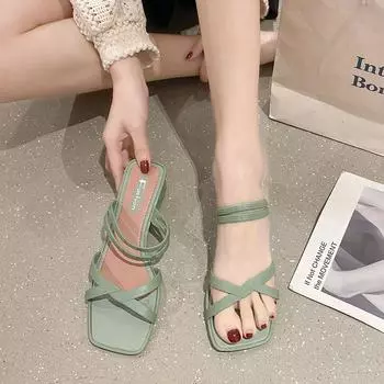 Шлепанцы розовые туфли с открытым носком женские тапочки и босоножки для дома на каблуке лето 2024 года зеленый натуральный кожа дизайнер 36