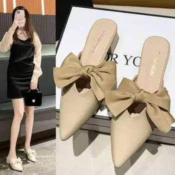 Slides with Heel Summer 2024 Mules Women s Slippers and Ladies Sandals Pointed Toe Shoes Bow Job Eva on Promotion Small Size Y B 35