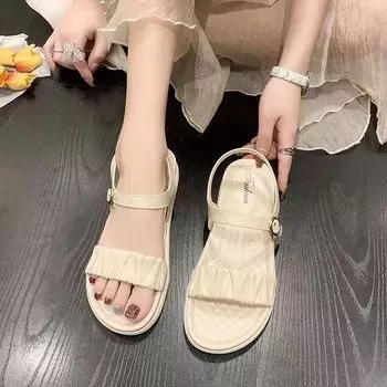 Слайды Женские Новые летние женские сандалии All-in-one надеваются поверх римских плоских тапочек с однорядной пряжкой Женские 5.5 чёрный