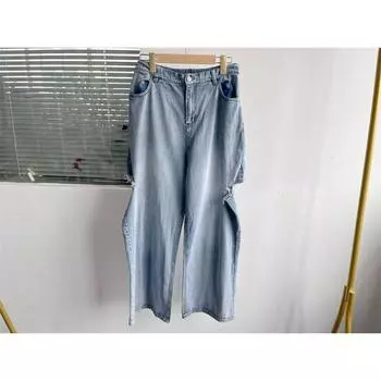 Slight Flaw Magila Style Knife Cut Jeans Straight Wide-Leg Pants Side Ripped Cover Cross-Body Slimming Versitile Fashion C6 1 denim blue M