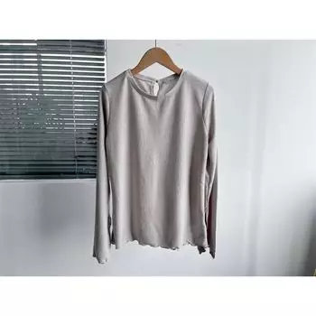 Slight Flaw Spring and Autumn Women s round Neck Solid Long sleeve Wooden Ear T-shirt Simple Versitile Fashion Bottoming Shirt Top C3 Apricot M