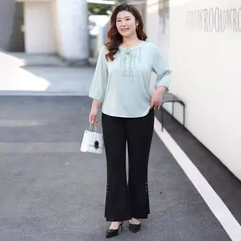 Slightly Flared Casual Pants Plaque-sized Women s Clothing Youthful and Slimming Loose and Tight High-waisted Elastic Long Pants XL чёрный