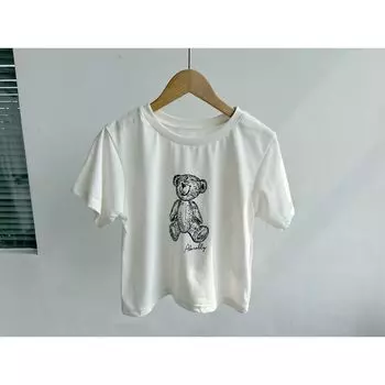 Slightly Flaw Summer New Arrival Loose Casual Fashion All-Matching Cartoon Bear round Neck Short Sleeve Women s T-shirt Tops H10 White F
