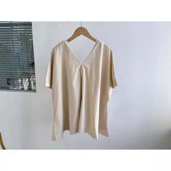 Slightly Flaw Summer Wear New Arrival Japanese Style V Neck Tops Loose Comfortable Short Sleeve Covering Belly Thin Minimalist Pure Color T-shirt H1 Khakis F