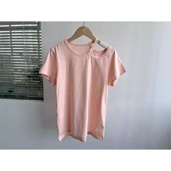 Slightly Flaw Summer Younger Fashion off-Shoulder off-Shoulder Sexy Inspirational Silm Thin Pure Color Short Sleeve T-shirt Y5 Powder M