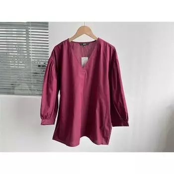 Slightly Flaw V-neck Puff Sleeve Pleated Shirt Spring & Fall Fashion Japanese Style Stylish Thin Loose Leisure All-Matching Pullover Y5 Red S