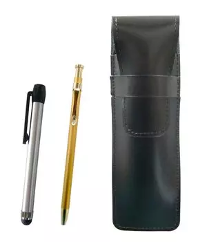 Slim black cowhide leather pen case with a silver metal touch bar and a set of 60 slim gold ballpoint pens (ASB-ALST-SV60KBP)