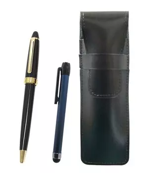 Slim black leather pen case with a blue metal touch stick and a Neo ballpoint pen set D-600 (black) ASB-ALL-600B-B
