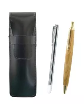 Slim black leather pen case with a metal pointer and retro maple ballpoint pen set (ASB-701S-HS47S)