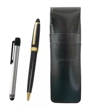 Slim black leather pen case with a metal touch silver pen and a Neo ballpoint pen set D-600 (black) ASB-ALST-600B-B