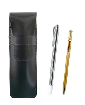 Slim black leather pen case with a metal pointer and a slim 60 gold ballpoint pen set (ASB-701S-SV60KBP)