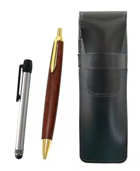 Slim black leather pen case with a silver pen and a brown wooden retro ballpoint pen set metal-touch (ASB-ALST-HS48S)