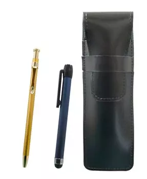 Slim black leather pen case with blue metal touch stick and 60 gold ballpoint pens (ASB-ALL-SV60KBP)