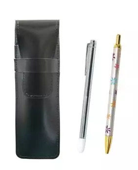 Slim black leather pen case with metal pointer and floral ballpoint pen set (ASB-701S-HS380B)