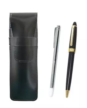 Slim black leather pen case with metal pointer and Neo ballpoint pen set D-600 (black) ASB-701S-600B-B