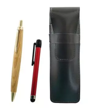 Slim black leather pen case with red metal handle and retro maple wood shaft ballpoint pen set (ASB-ALR-HS47S)