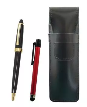 Slim black leather pen case with red metal touch stick and Neo ballpoint pen set D-600 (black) (ASB-ALR-600B-B-2, 2-pack)