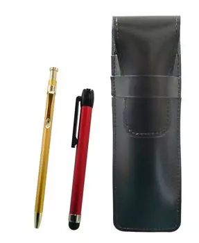 Slim black leather pen case with red metal touch stick and 60 gold ballpoint pens (ASB-ALR-SV60KBP)