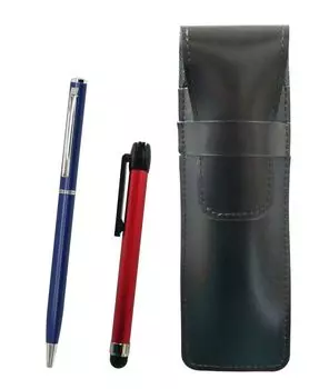 Slim black leather pen case with red metal touch stick and blue slim rotating ballpoint pen set (ASB-ALR-PD04-L)