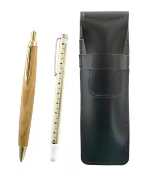 Slim black leather pen case with slide measuring stick and retro maple ballpoint pen set (ASB-708W-HS47S)