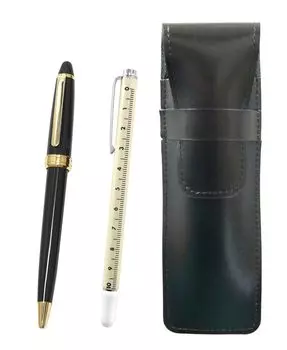 Slim black leather pen case with slide measuring stick and Neo ballpoint pen set D-600 (black) ASB-708W-600B-B