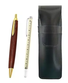 Slim black leather pen case with slide measuring stick and brown wooden retro ballpoint pen set (ASB-708W-HS48S)