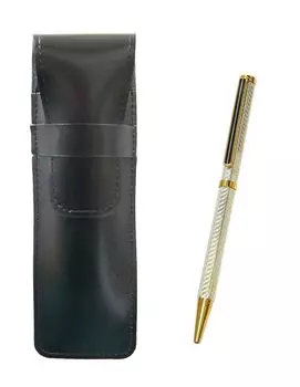 slim black leather pencil case with a brass hexagon rotating gold ballpoint pen set in silver Two-pack (T23-ASB-6KSBP-S-2)