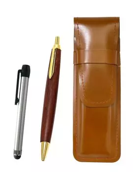 Slim brown leather pen case with a silver pen and a brown wooden retro ballpoint pen set metal-touch (ASC-ALST-HS48S)