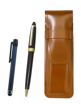 Slim Brown Leather Pen Case with Blue Metal Touch Stick and Black Neo Ballpoint Pen Set D-600 (ASC-ALL-600B-B)