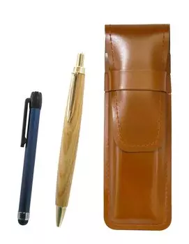 Slim Brown Leather Pen Case with Blue Metallic Stick and Retro Maple Wood Ballpoint Pen Set (ASC-ALL-HS47S)