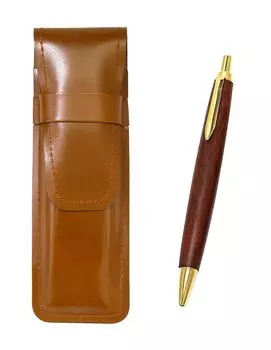 Slim Brown Leather Pen Case with Brown Wooden Barrel Retro Ballpoint Pen Set (T25-ASC-HS48S)