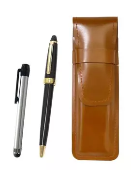 Slim Brown Leather Pen Case with Metal Touch Silver and Neo Ballpoint Pen Set Bgin D-600 (Black) ASC-ALST-600B-B