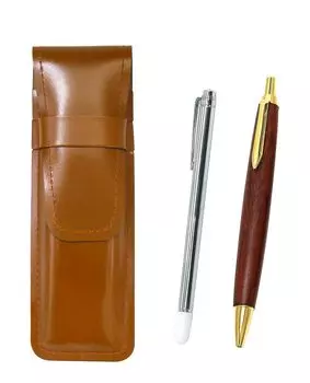 Slim brown leather pen case with metal pointer and brown wooden retro ballpoint pen set (ASC-701S-HS48S)