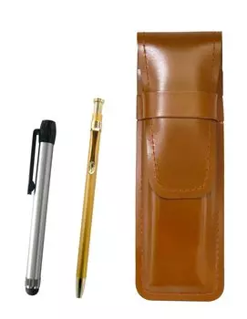 Slim Brown Leather Pen Case with Metallic Silver Handle and 60 Gold Ballpoint Pens (ASC-ALST-SV60KBP)