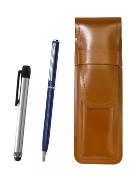 Slim Brown Leather Pen Case with Metallic Silver Handle and Slim Rotating Ballpoint Pen Set Pack of 2 (Blue) (ASC-ALST-PD04-L-2) -
