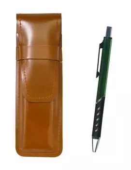 Slim Brown Leather Pen Case with Metallic Ballpoint Green Pen, (T23-ASC-SI2067BP-G) зелёный