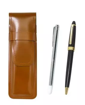 Slim Brown Leather Pencil Case with Metal Pointer and Neo Ballpoint Pen Set D-600 (Black) ASC-701S-600B-B