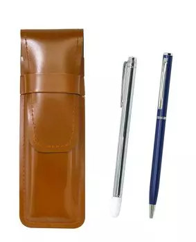 Slim Brown Leather Pencil Case with Metal Pointer and Slim Rotating Ballpoint Pen Set (Blue) ASC-701S-PD04-L