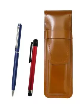 Slim Brown Leather Pencil Case with Red Metal Touch Stick and Slim Rotating Ballpoint Pen Set (Blue) ASC-ALR-PD04-L