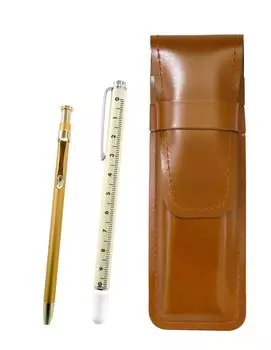 Slim Brown Leather Pencil Case with Slide Measuring Stick and Slim 60 Gold Ballpoint Pen Set (ASC-708W-SV60KBP)