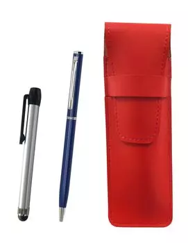 Slim cowhide leather pen case in red with a silver pen and a slim rotating ballpoint pen set in blue metal-touch (ASR-ALST-PD04-L)