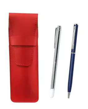 Slim cowhide leather pen case in red with a metal pointer and a slim rotating ballpoint pen set in blue (ASR-701S-PD04-L)