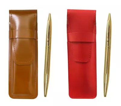 Slim cowhide leather pen case in reddish brown and elegant gold rotating ballpoint pen ASCR-DS2