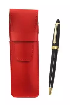 Slim Cowhide Leather Pen Case with Neo Ballpoint Pen Set 2-Pack (Red) D-600 (Black) ASR-600B-B-2