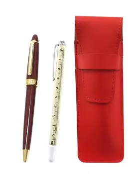 Slim Cowhide Leather Pen Case with Slide Measuring Stick and Neo Ballpoint Pen Set (Red) D-600 (Red) ASR-708W-600B-R