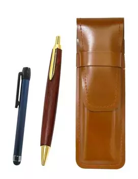 slim cowhide leather pencil case brown with blue metal touch stick and brown wooden barrel retro ballpoint pen set 2-pack ASC-ALL-HS48S-2