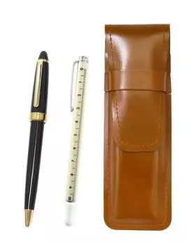 Slim cowhide leather pencil case in brown with slide measuring stick and Neo ballpoint pen set in black D-600 (ASC-708W-600B-B)