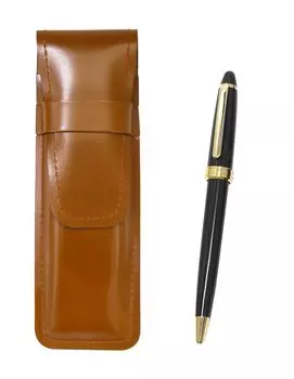 slim cowhide leather pencil case in brown with a Neo ballpoint pen set in black Two-pack D-600 (ASC-600B-B-2)